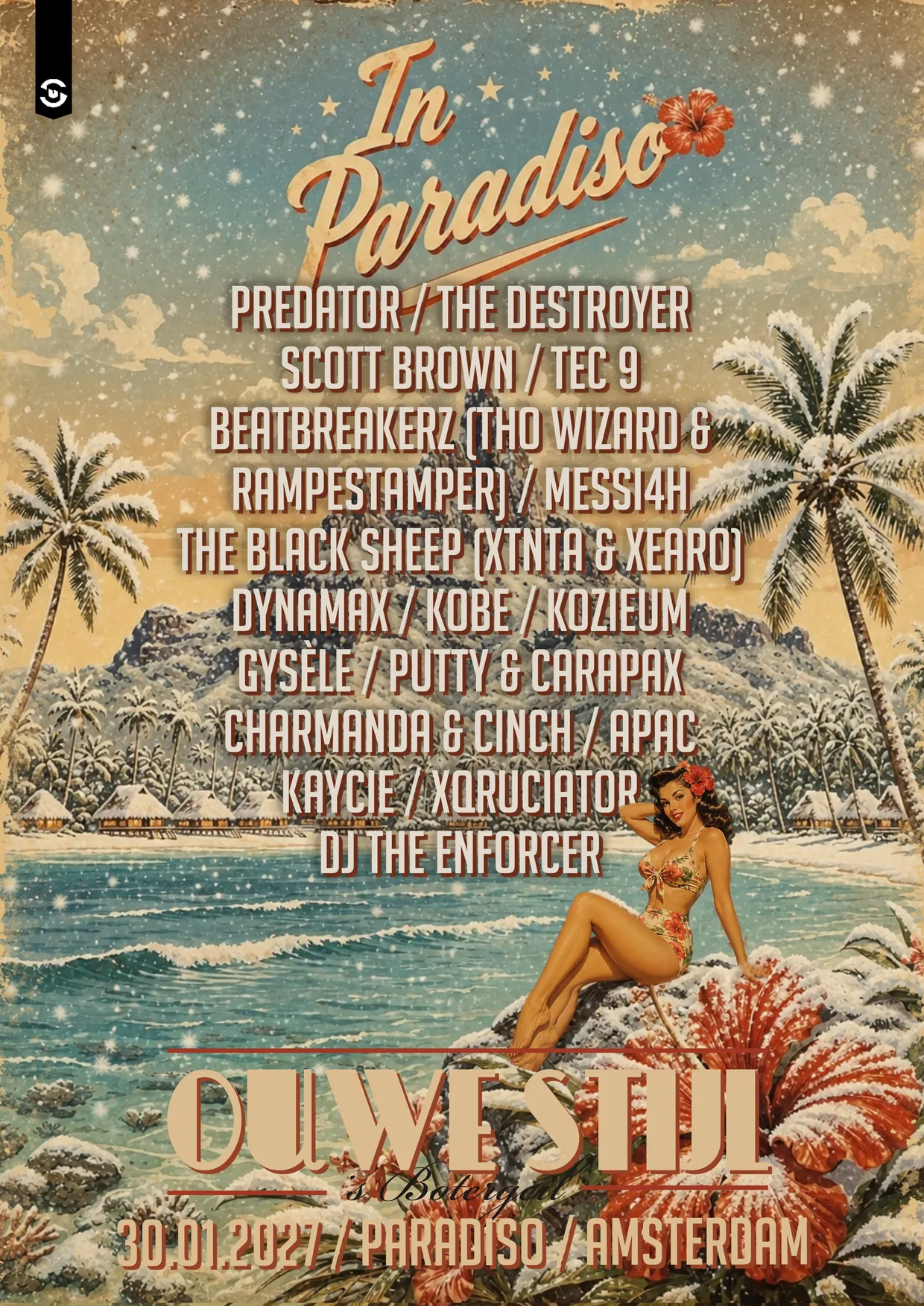 Ouwe Stijl is Botergeil — In Paradiso. Tropische vintage poster met de line-up en de datum 30 januari 2027, Paradiso, Amsterdam.